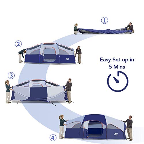 CAMPROS CP 8-Particular person Climate-Resistant Household Tenting Tent with 5 Giant Mesh Home windows, Double Layer, Divided Curtain for Privateness, and Transportable Carry Bag