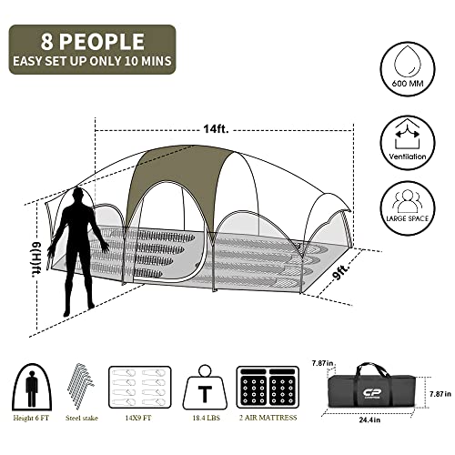 CAMPROS CP 8-Particular person Tenting Tent - Climate-Resistant Household Tent with 5 Spacious Mesh Home windows, Double Layer Design, Divided Curtain for Privateness, Transportable with Carry Bag